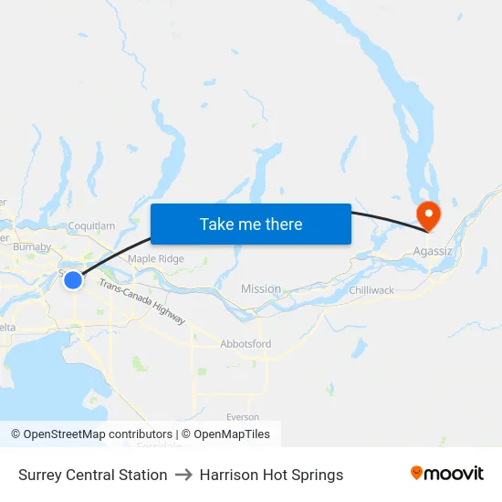 Surrey Central Station to Harrison Hot Springs map