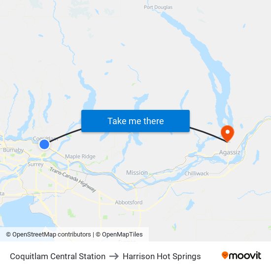 Coquitlam Central Station to Harrison Hot Springs map