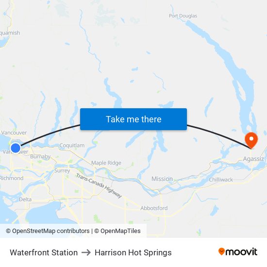 Waterfront Station to Harrison Hot Springs map