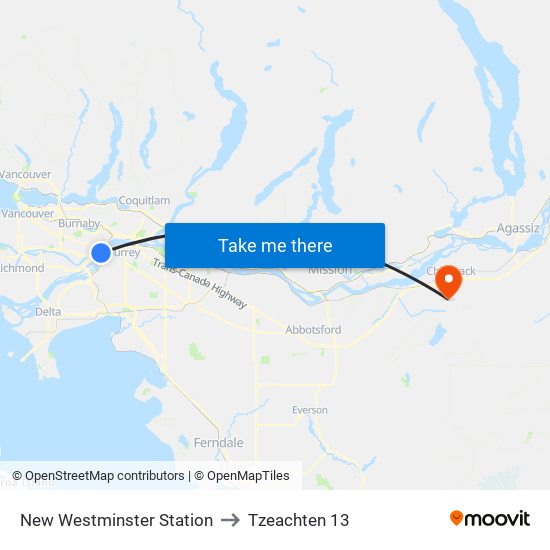 New Westminster Station to Tzeachten 13 map