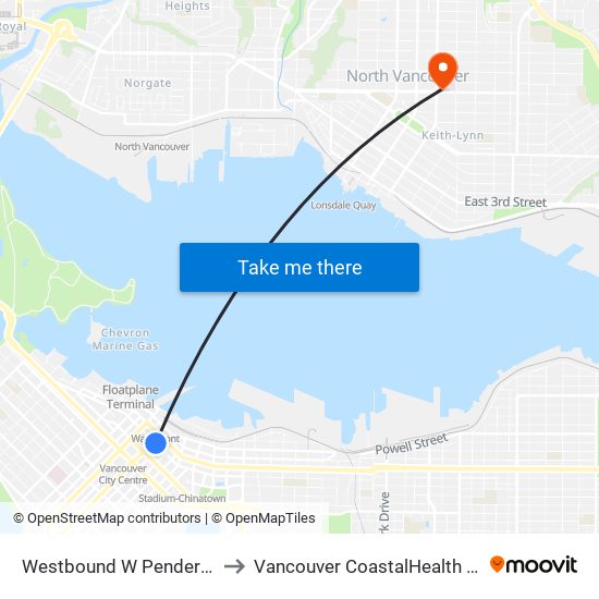 Westbound W Pender St @ Seymour St to Vancouver CoastalHealth Lions Gate Hospital map