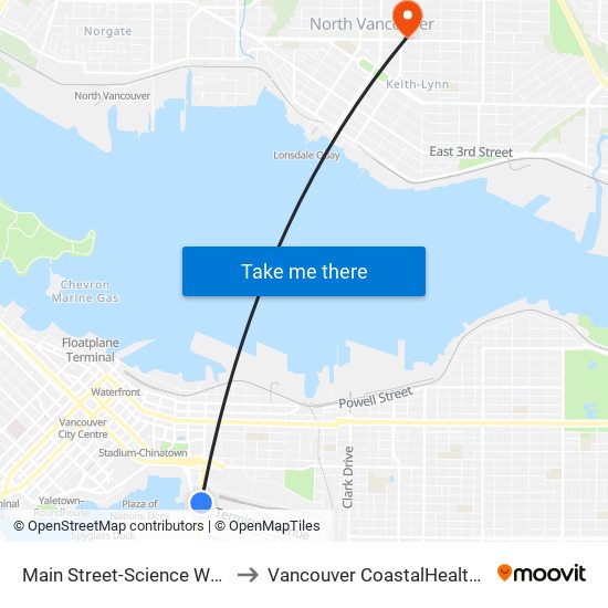 Main Street-Science World Station @ Bay 1 to Vancouver CoastalHealth Lions Gate Hospital map