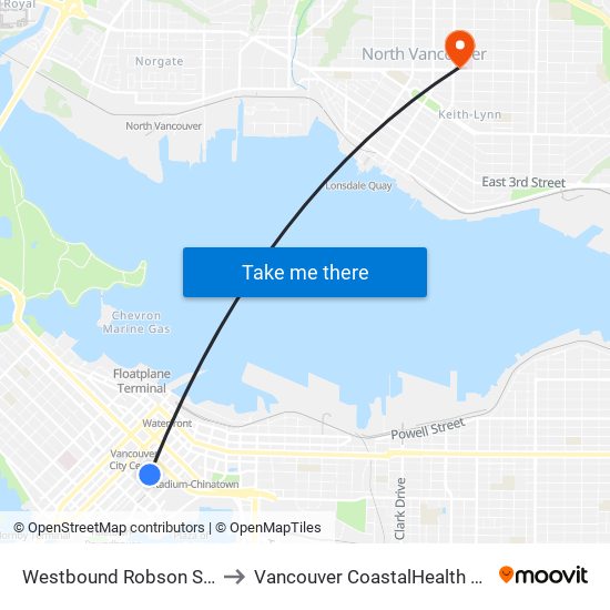 Westbound Robson St @ Hamilton St to Vancouver CoastalHealth Lions Gate Hospital map