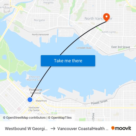 Westbound W Georgia St @ Burrard St to Vancouver CoastalHealth Lions Gate Hospital map