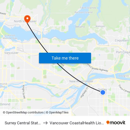 Surrey Central Station @ Bay 2 to Vancouver CoastalHealth Lions Gate Hospital map