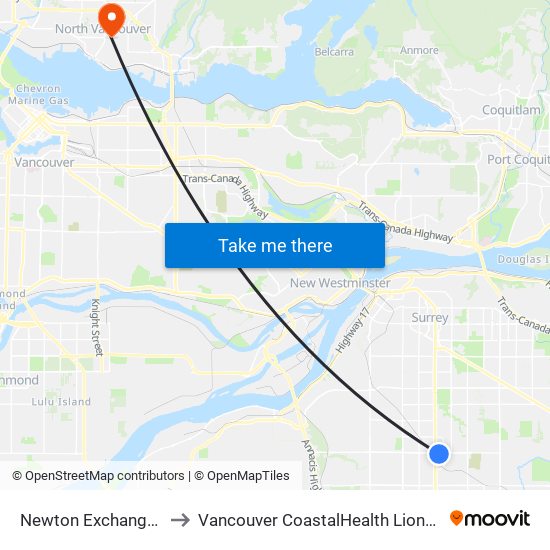 Newton Exchange @ Bay 4 to Vancouver CoastalHealth Lions Gate Hospital map