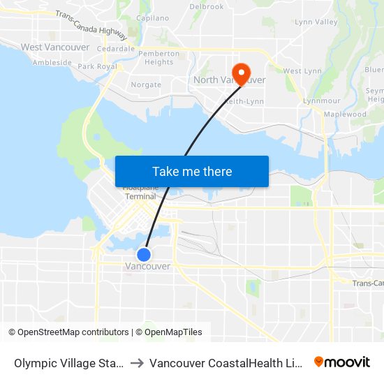 Olympic Village Station @ Bay 1 to Vancouver CoastalHealth Lions Gate Hospital map