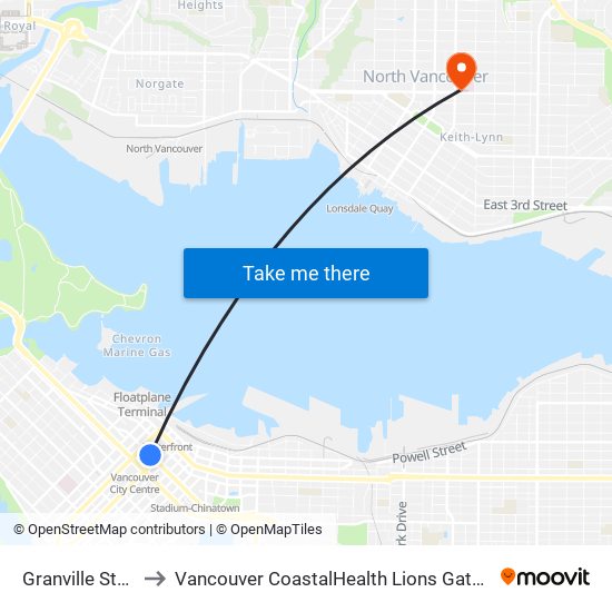 Granville Station to Vancouver CoastalHealth Lions Gate Hospital map