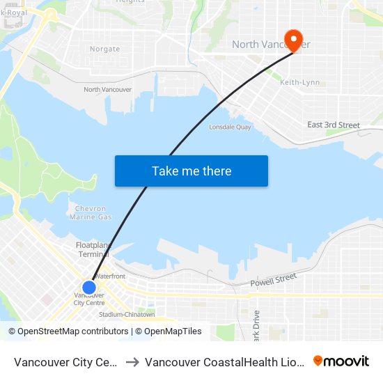 Vancouver City Centre Station to Vancouver CoastalHealth Lions Gate Hospital map