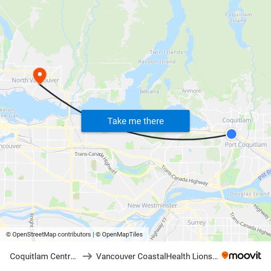 Coquitlam Central Station to Vancouver CoastalHealth Lions Gate Hospital map