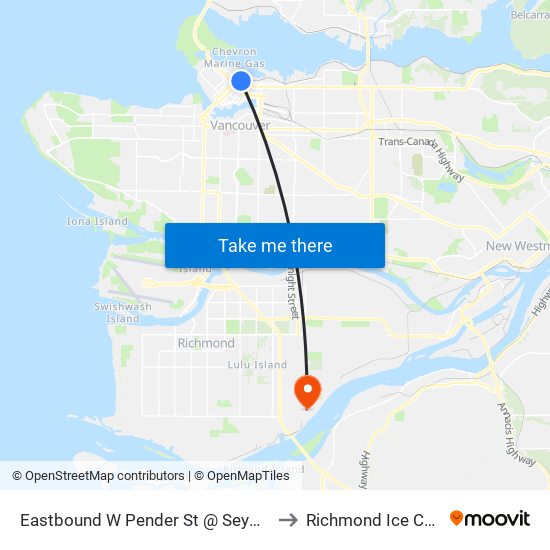 Eastbound W Pender St @ Seymour St to Richmond Ice Centre map