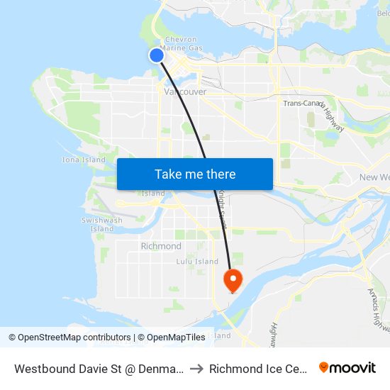 Westbound Davie St @ Denman St to Richmond Ice Centre map