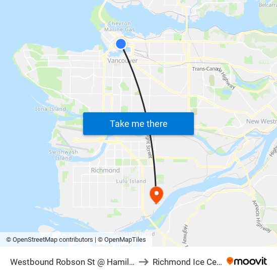 Westbound Robson St @ Hamilton St to Richmond Ice Centre map