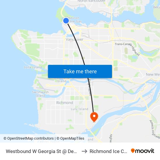 Westbound W Georgia St @ Denman St to Richmond Ice Centre map