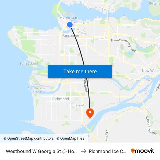 Westbound W Georgia St @ Homer St to Richmond Ice Centre map