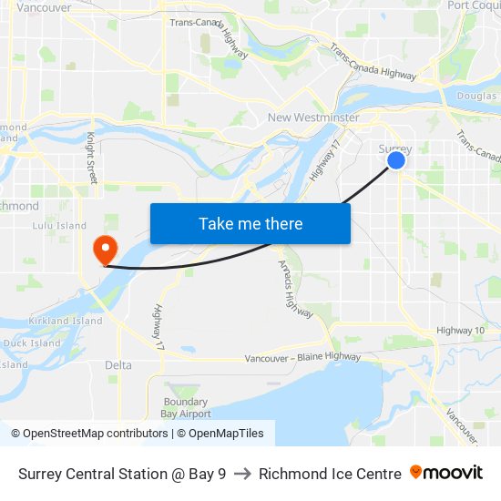 Surrey Central Station @ Bay 9 to Richmond Ice Centre map