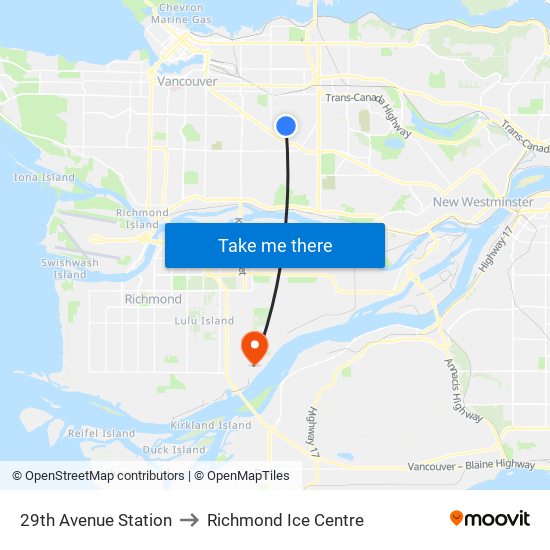 29th Avenue Station to Richmond Ice Centre map