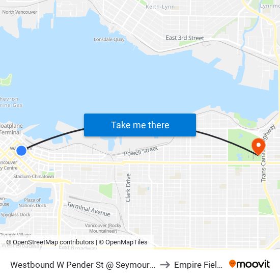 Westbound W Pender St @ Seymour St to Empire Fields map