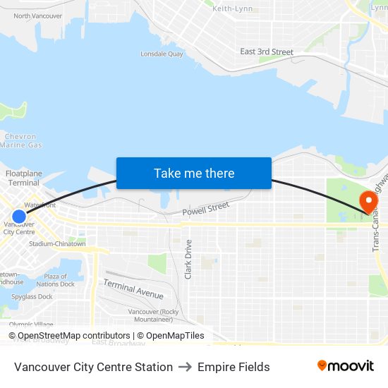 Vancouver City Centre Station to Empire Fields map