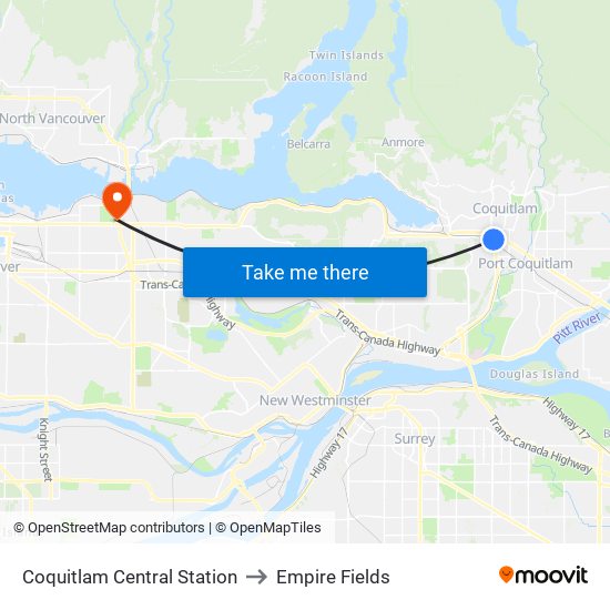 Coquitlam Central Station to Empire Fields map