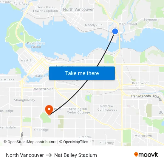 North Vancouver to Nat Bailey Stadium map