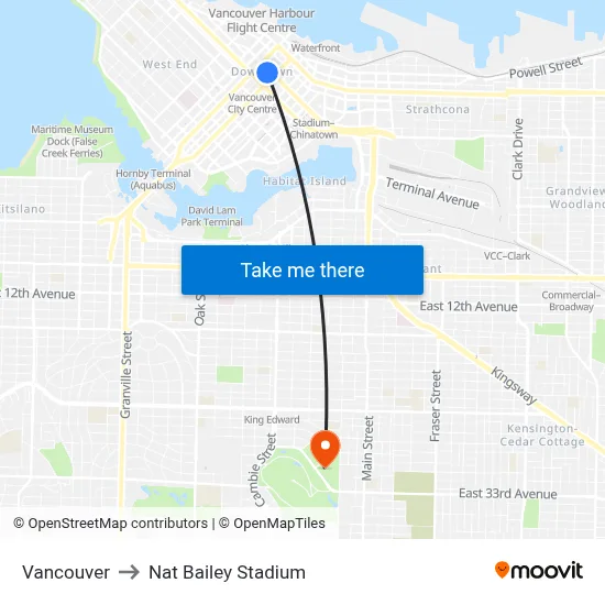 Vancouver to Nat Bailey Stadium map