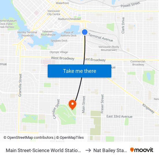 Main Street-Science World Station @ Bay 1 to Nat Bailey Stadium map