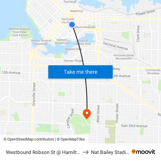 Westbound Robson St @ Hamilton St to Nat Bailey Stadium map