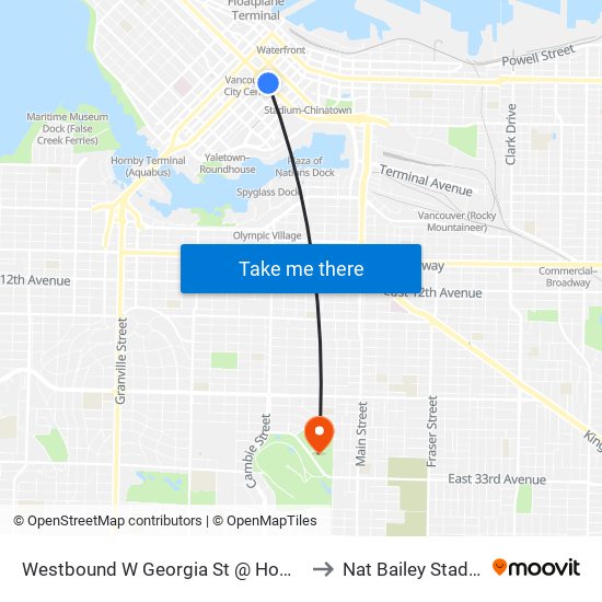 Westbound W Georgia St @ Homer St to Nat Bailey Stadium map