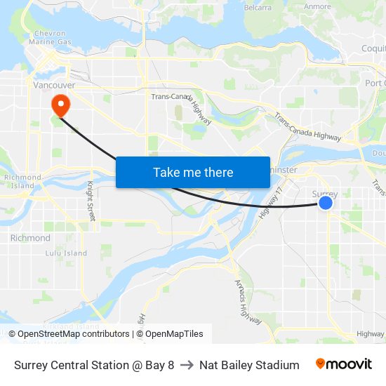 Surrey Central Station @ Bay 8 to Nat Bailey Stadium map