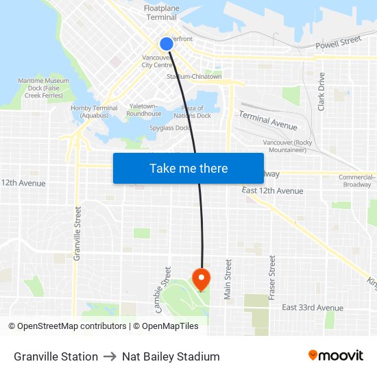 Granville Station to Nat Bailey Stadium map