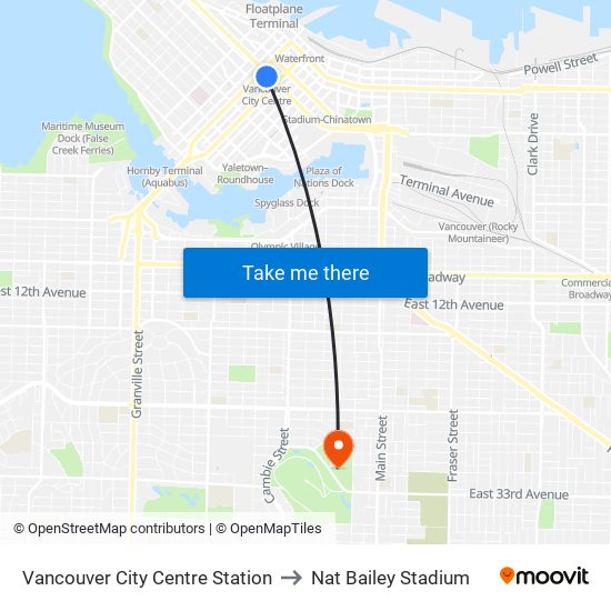 Vancouver City Centre Station to Nat Bailey Stadium map