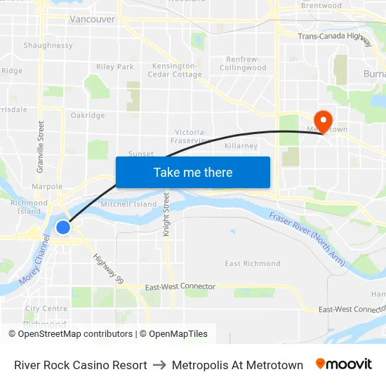 River Rock Casino Resort to Metropolis At Metrotown map