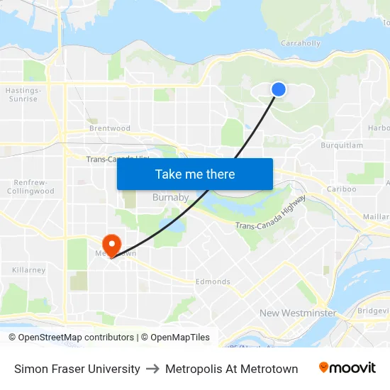 Simon Fraser University to Metropolis At Metrotown map
