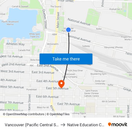 Vancouver (Pacific Central Station) to Native Education College map
