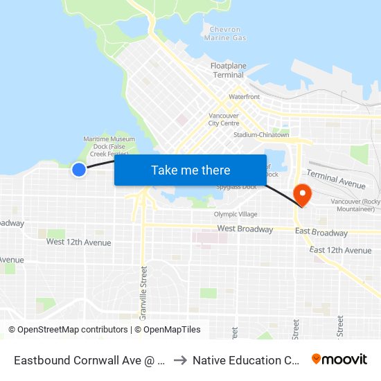 Eastbound Cornwall Ave @ Yew St to Native Education College map