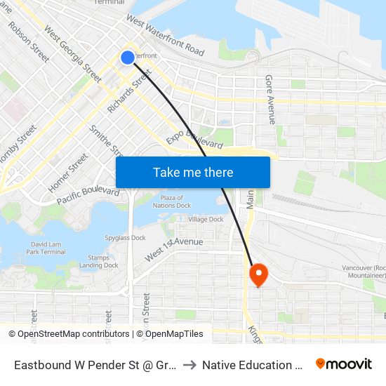 Eastbound W Pender St @ Granville St to Native Education College map
