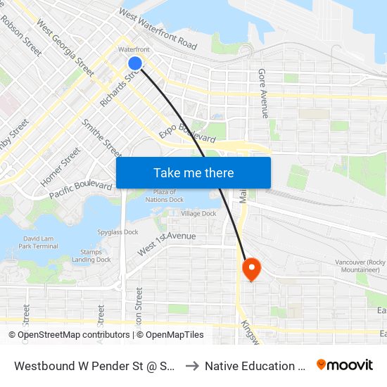 Westbound W Pender St @ Seymour St to Native Education College map