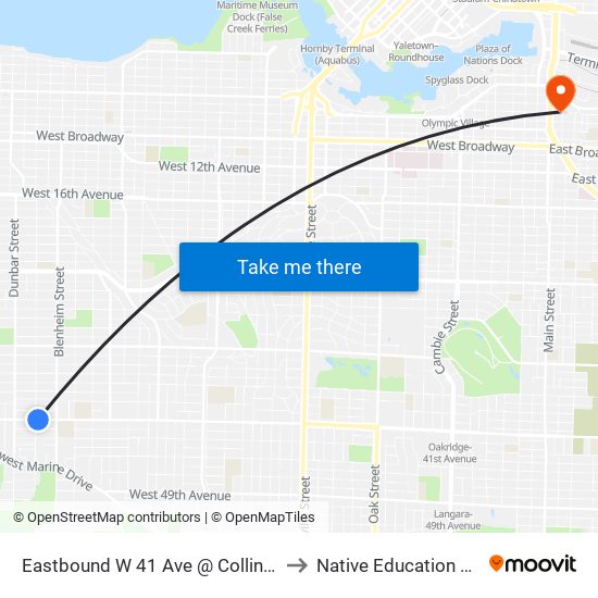 Eastbound W 41 Ave @ Collingwood St to Native Education College map
