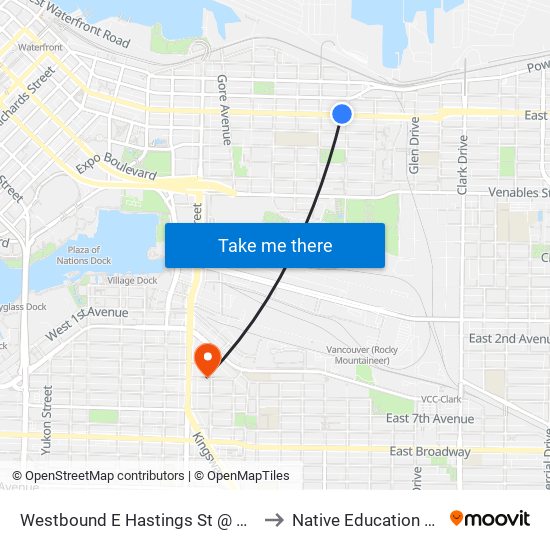 Westbound E Hastings St @ Hawks Ave to Native Education College map