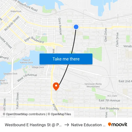 Westbound E Hastings St @ Princess Ave to Native Education College map