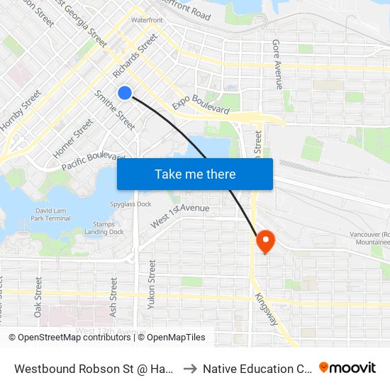 Westbound Robson St @ Hamilton St to Native Education College map