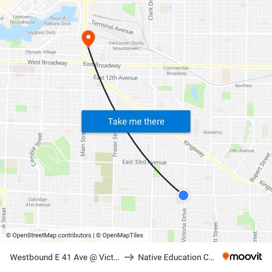 Westbound E 41 Ave @ Victoria Dr to Native Education College map