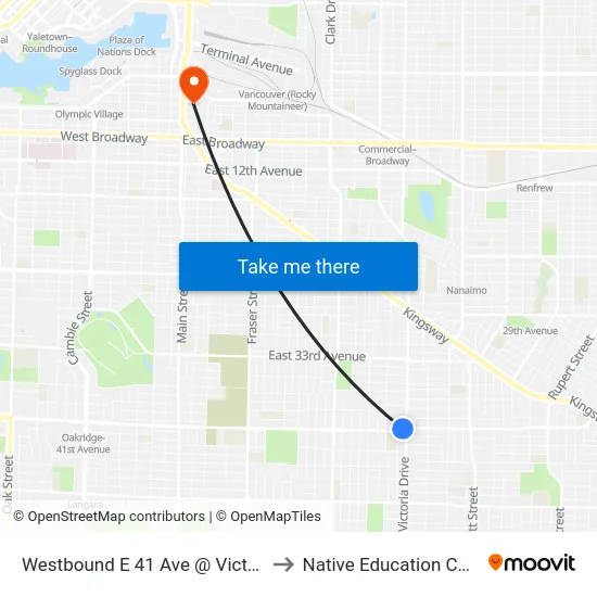 Westbound E 41 Ave @ Victoria Dr to Native Education College map