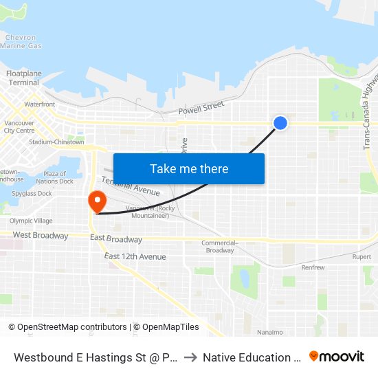 Westbound E Hastings St @ Penticton St to Native Education College map