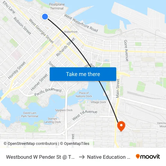 Westbound W Pender St @ Thurlow St to Native Education College map