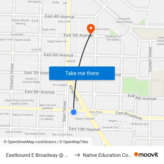 Eastbound E Broadway @ Main St to Native Education College map