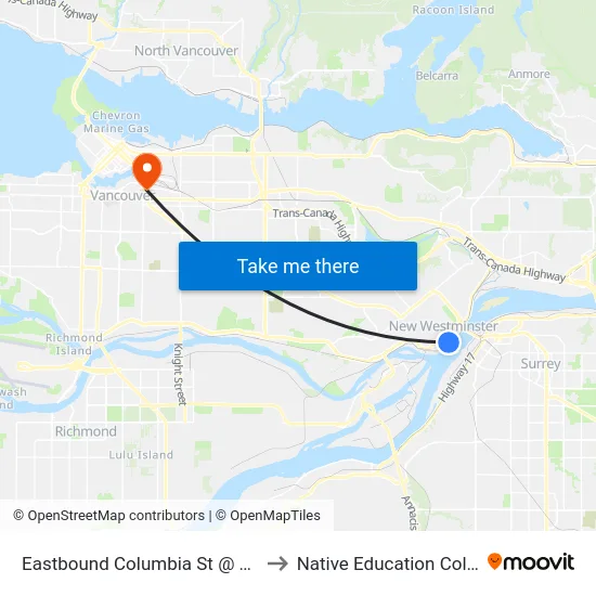 Eastbound Columbia St @ 6th St to Native Education College map