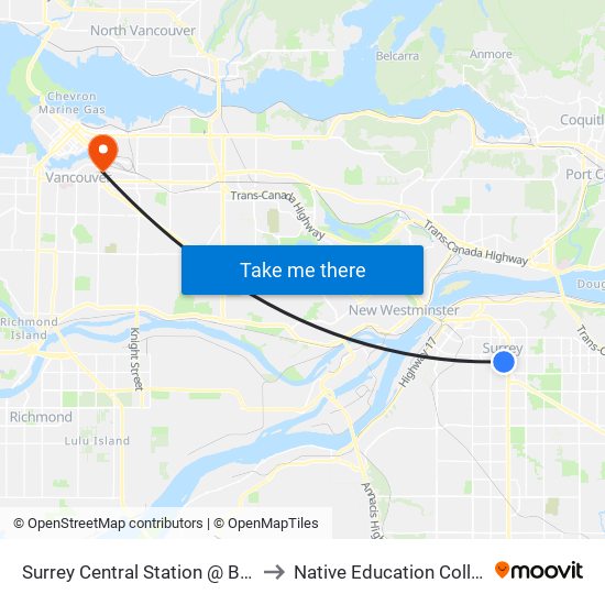 Surrey Central Station @ Bay 9 to Native Education College map