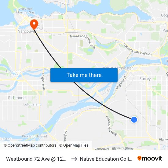 Westbound 72 Ave @ 126 St to Native Education College map